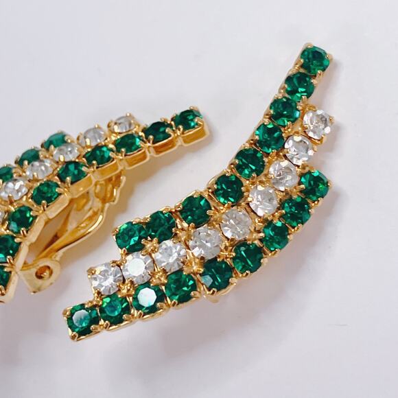 Vintage Emerald Green Glass Rhinestone Gold Tone Sparkly Clip On Earrings - Picture 5 of 10